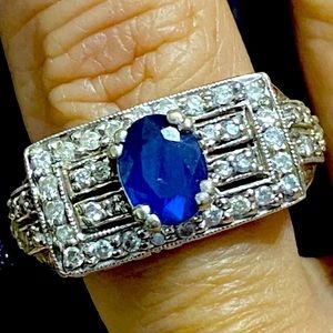 Exquisite Estate 14K White Gold Diamond Encrusted Sapphire Cocktail Ring Sz 7